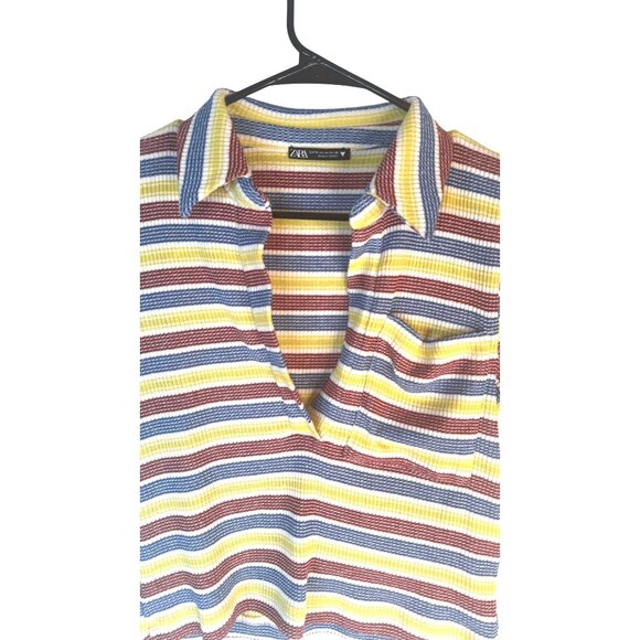 2/$25 ZARA Striped Medium Vintage Ribbed Knit V Neckline Polo Shirt - Picture 6 of 12